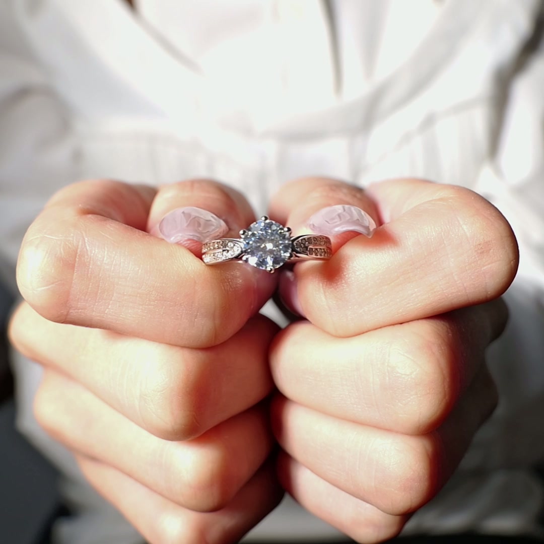 Exquisite Silver Plated White Gold Moissanite Solitaire Ring - A Classic & Brilliant Symbol of Promises product video thumbnail