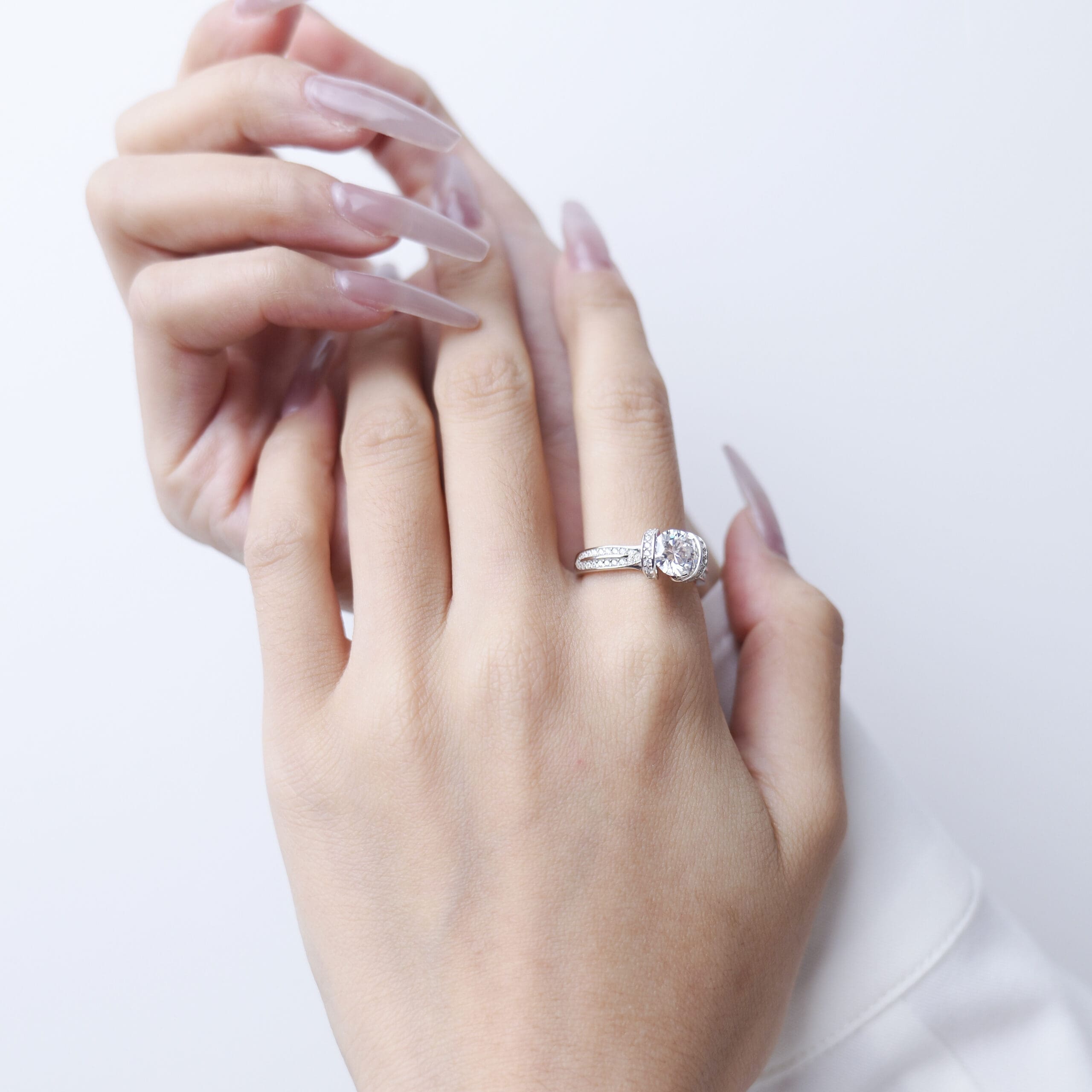 1CT Moissanite Dual Ring Solitaire Promise Ring with Unique Beveled Shank, Silver Plated with White Gold - alternate view