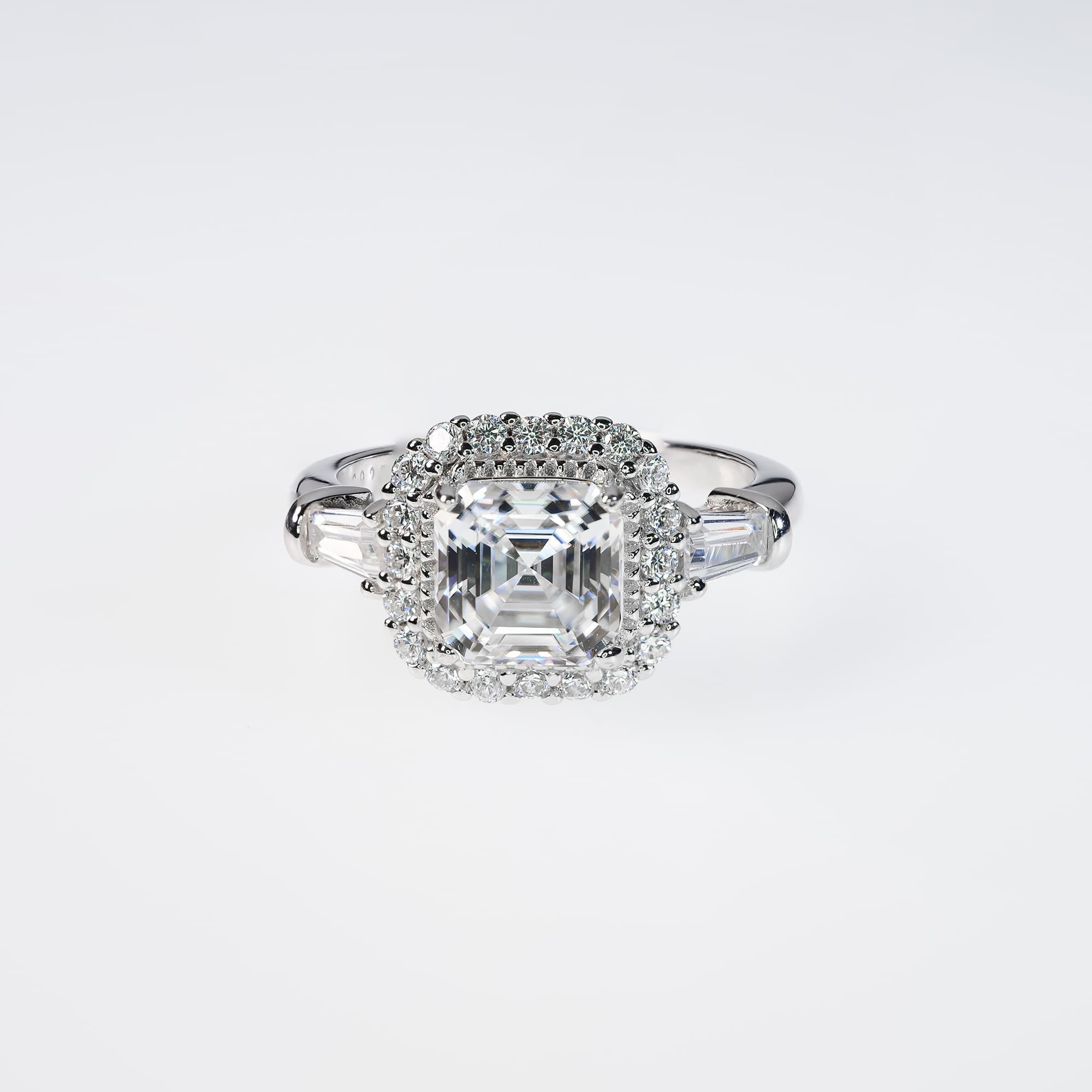 Elegant 2CT Asscher Cut Moissanite Engagement Ring with Halo & Tapered Baguettes in White Gold-Plated 925 Silver