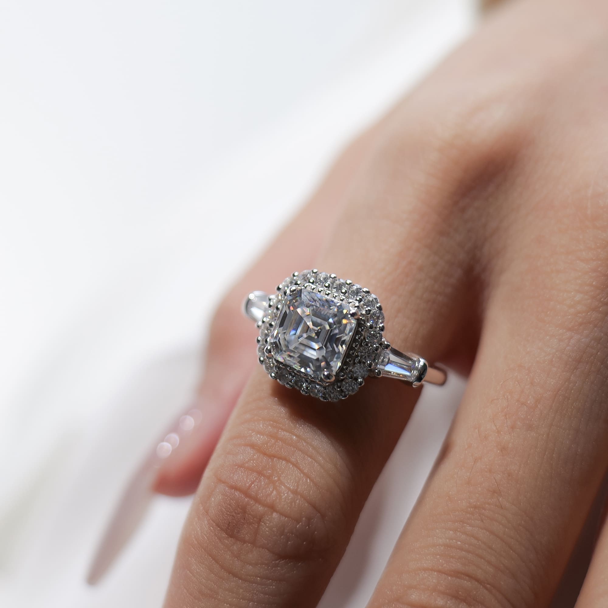 Elegant 2CT Asscher Cut Moissanite Engagement Ring with Halo & Tapered Baguettes in White Gold-Plated 925 Silver - Image 3