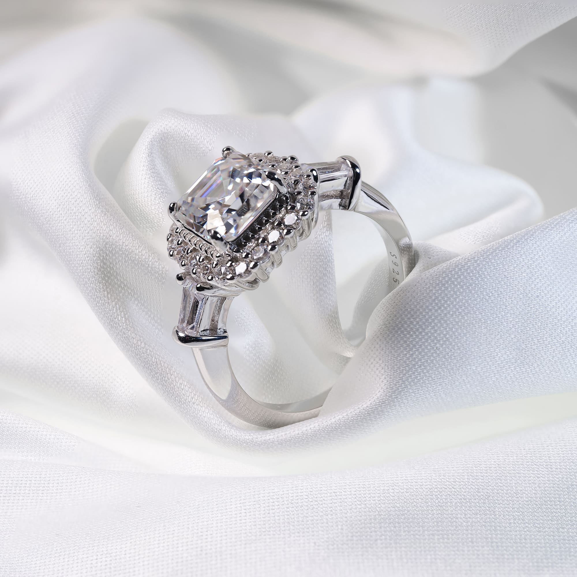 Elegant 2CT Asscher Cut Moissanite Engagement Ring with Halo & Tapered Baguettes in White Gold-Plated 925 Silver - Image 4