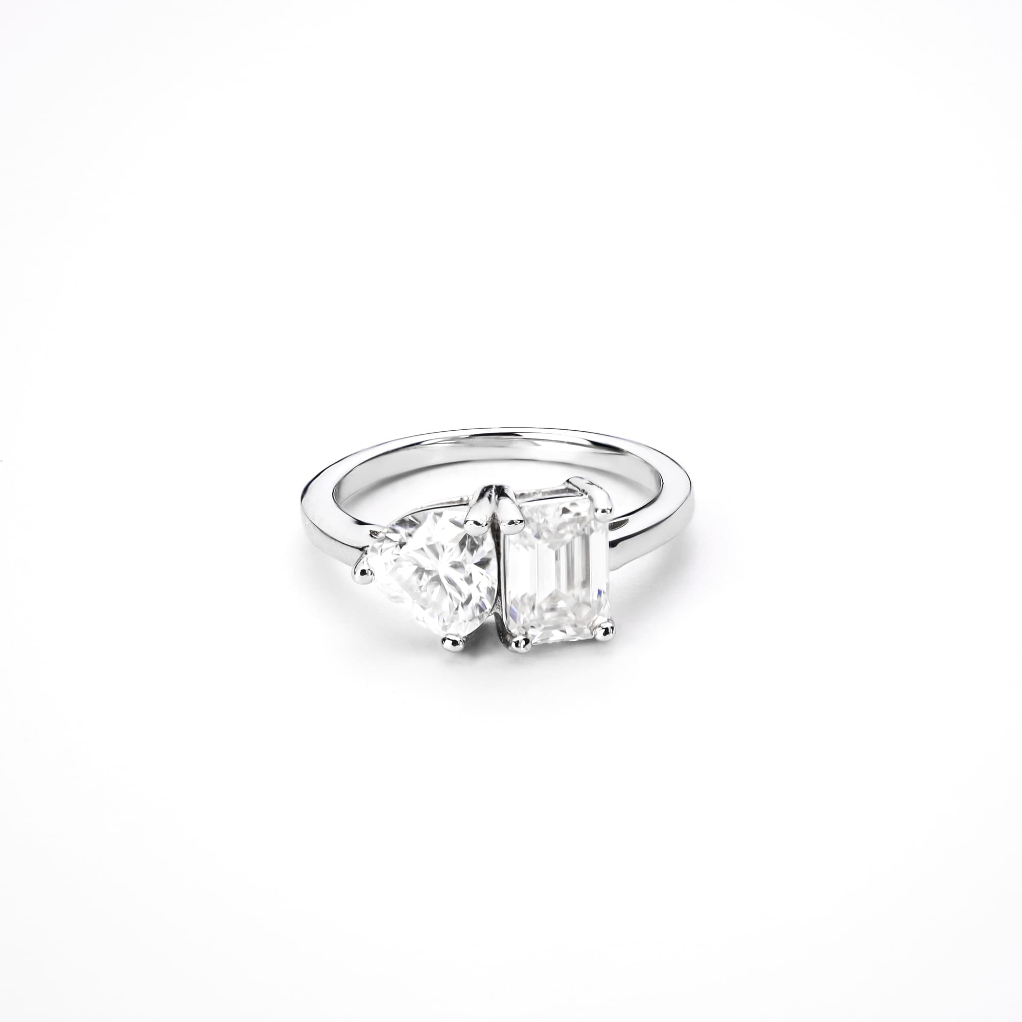 Romantic Toi et Moi 2CT Heart & Emerald Cut Moissanite Ring in White Gold-Plated 925 Silver
