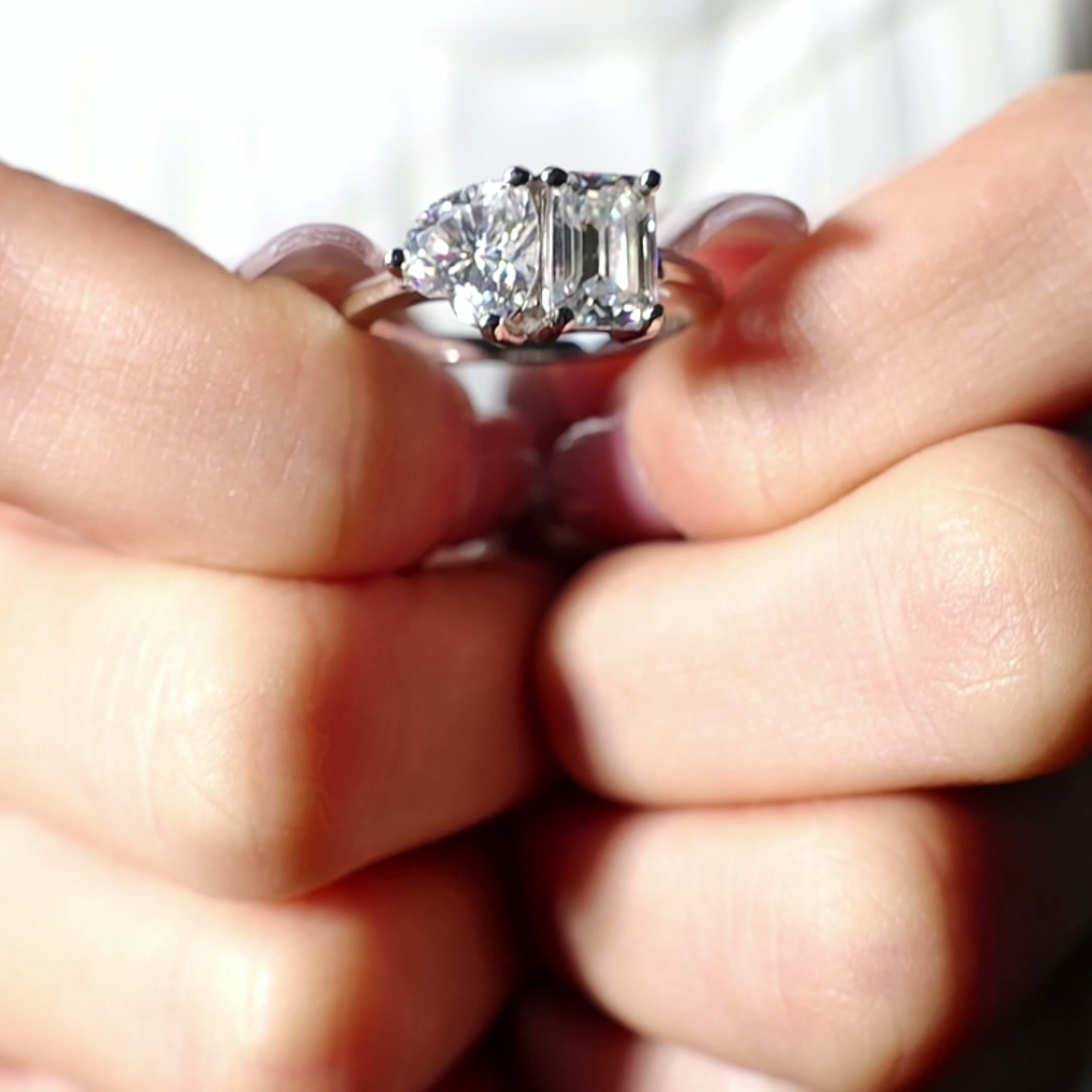 Romantic Toi et Moi 2CT Heart & Emerald Cut Moissanite Ring in White Gold-Plated 925 Silver product video thumbnail