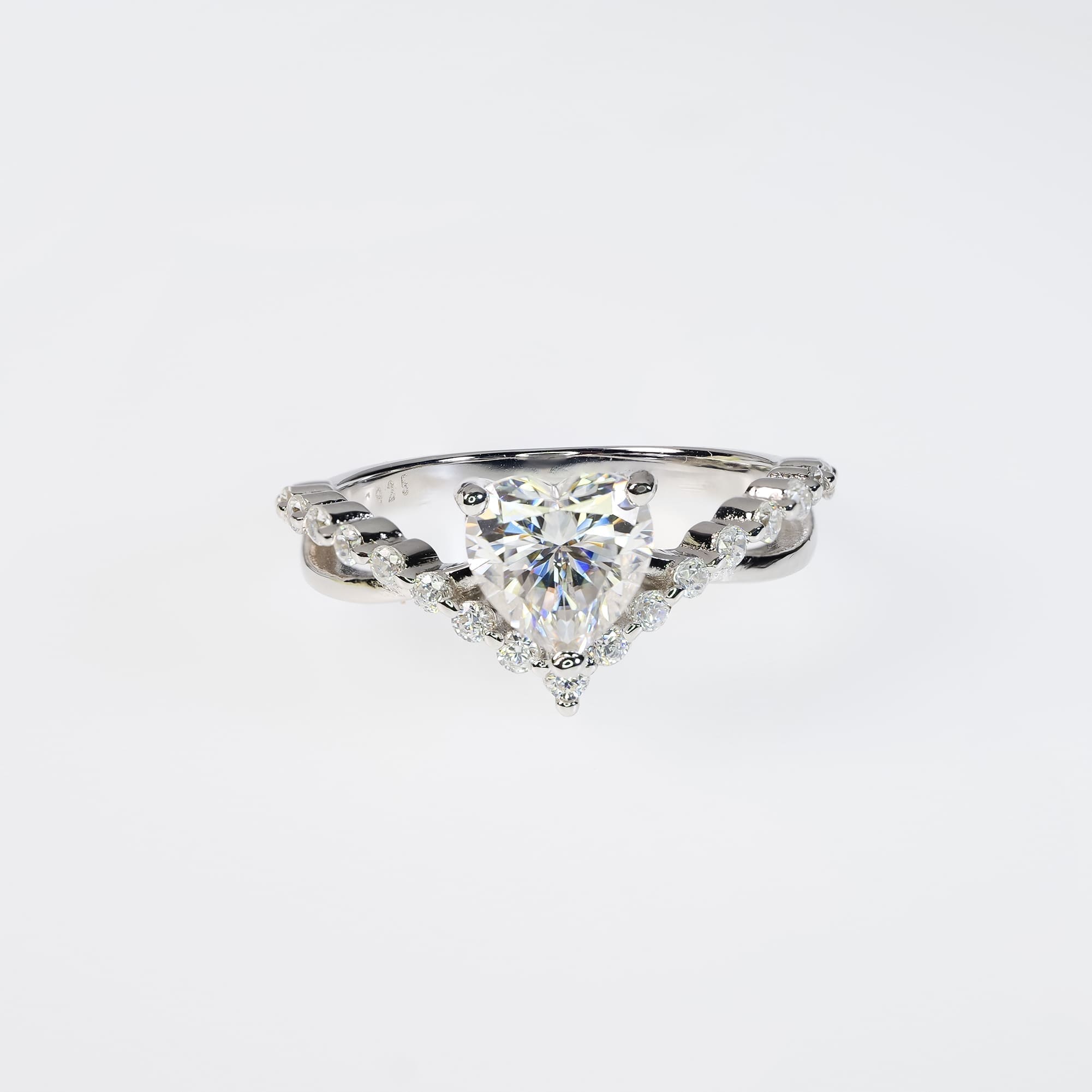 1CT Heart-Cut Moissanite Statement Ring with V Shape Accent in 925 Silver Plated with White Gold
