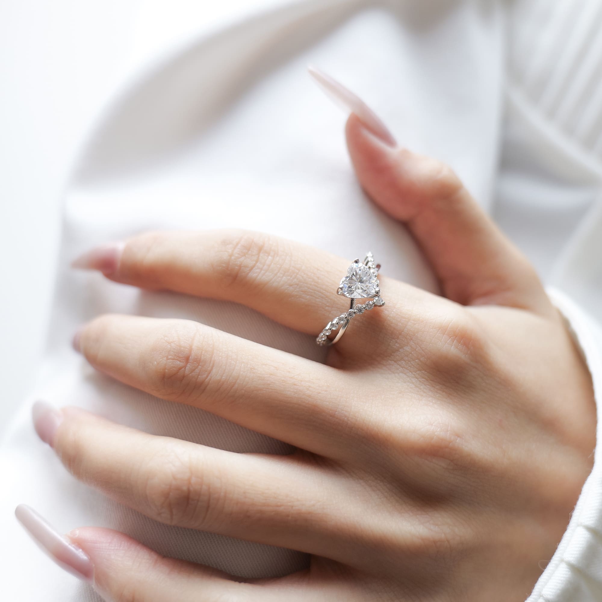 1CT Heart-Cut Moissanite Statement Ring with V Shape Accent in 925 Silver Plated with White Gold - alternate view