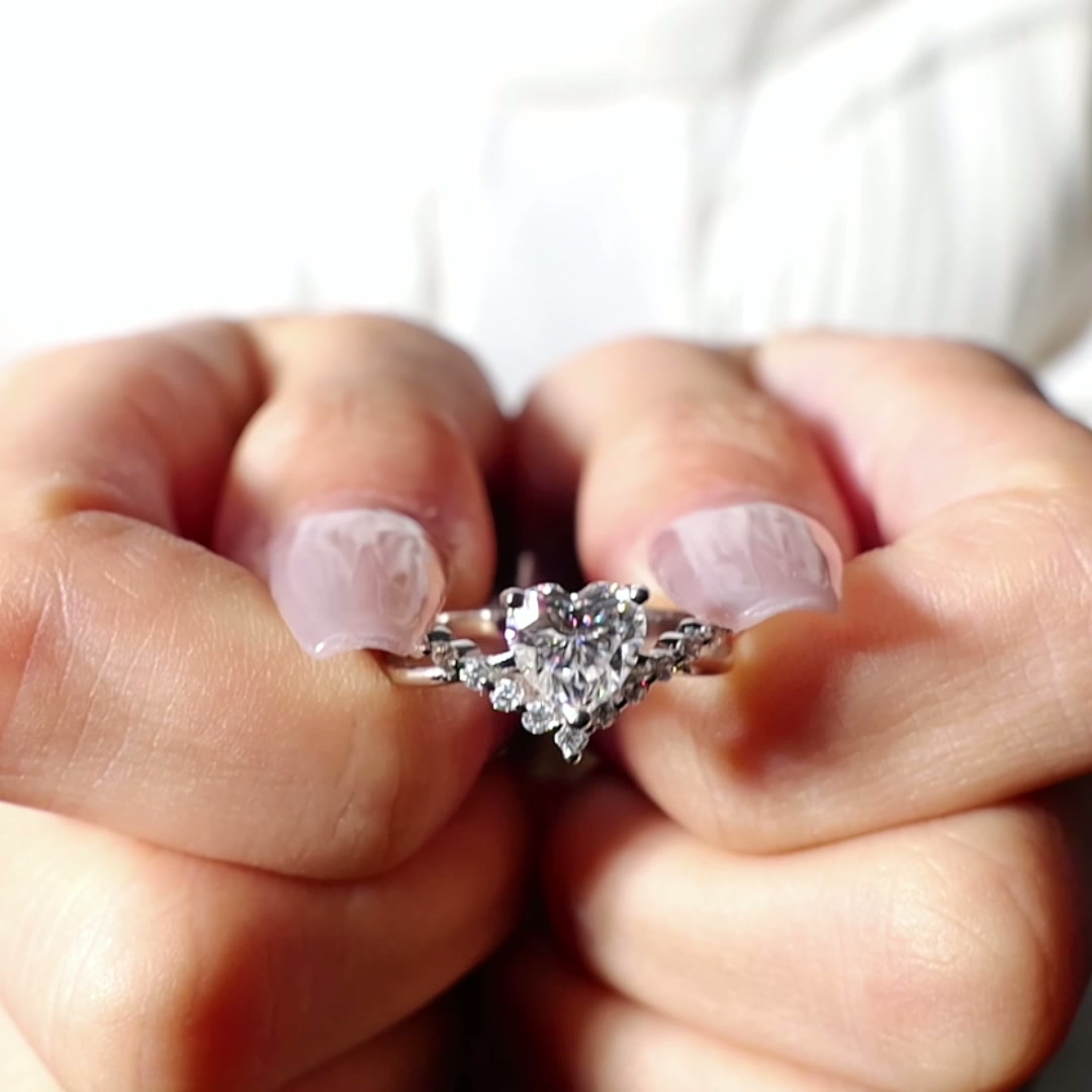 1CT Heart-Cut Moissanite Statement Ring with V Shape Accent in 925 Silver Plated with White Gold product video thumbnail