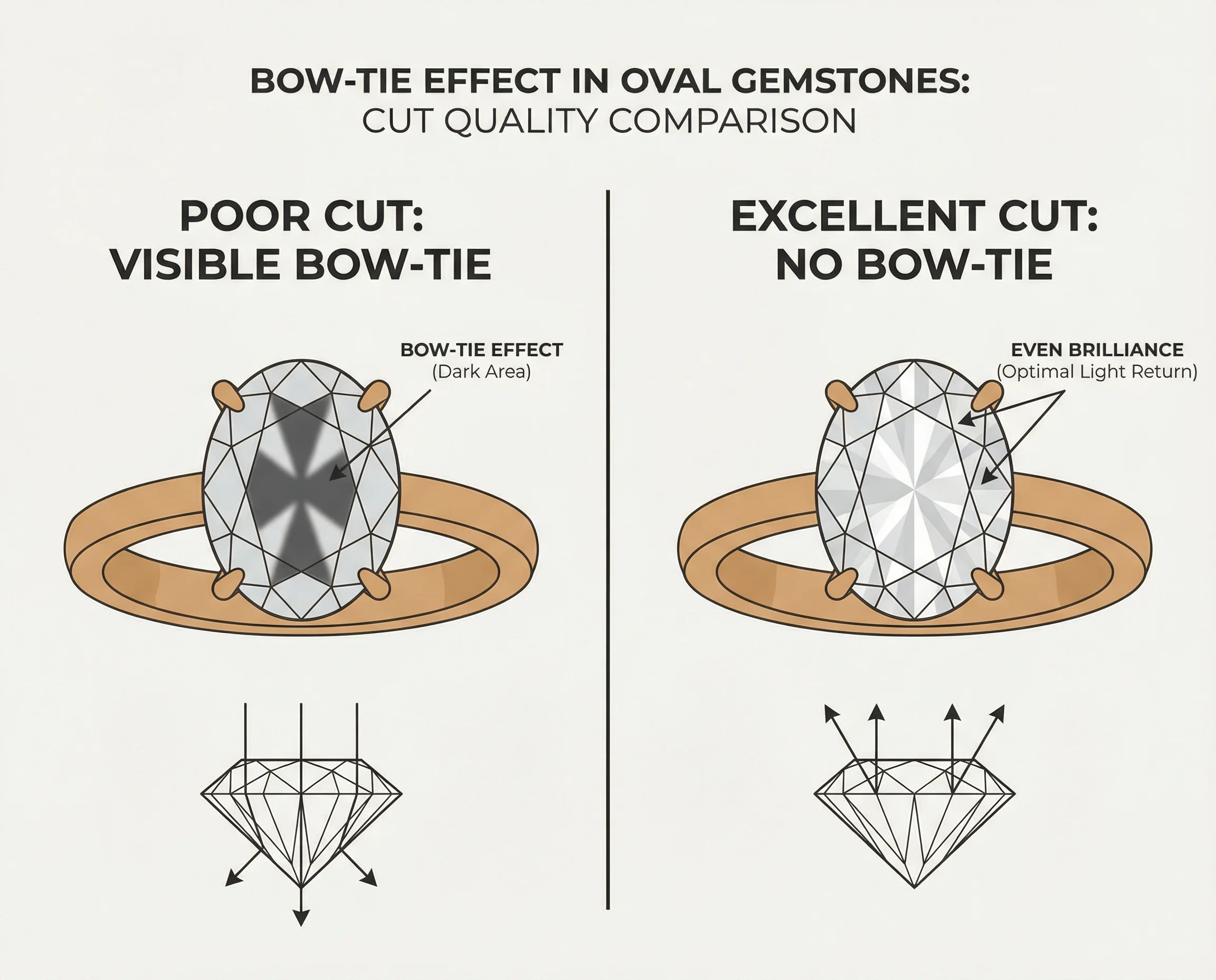 Educational diagram showing bow-tie effect in oval stones: poor cut vs excellent cut