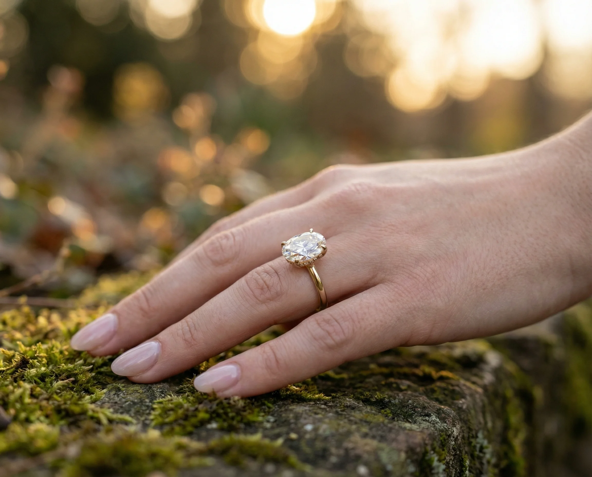 Lifestyle photos of customers wearing their oval moissanite engagement rings