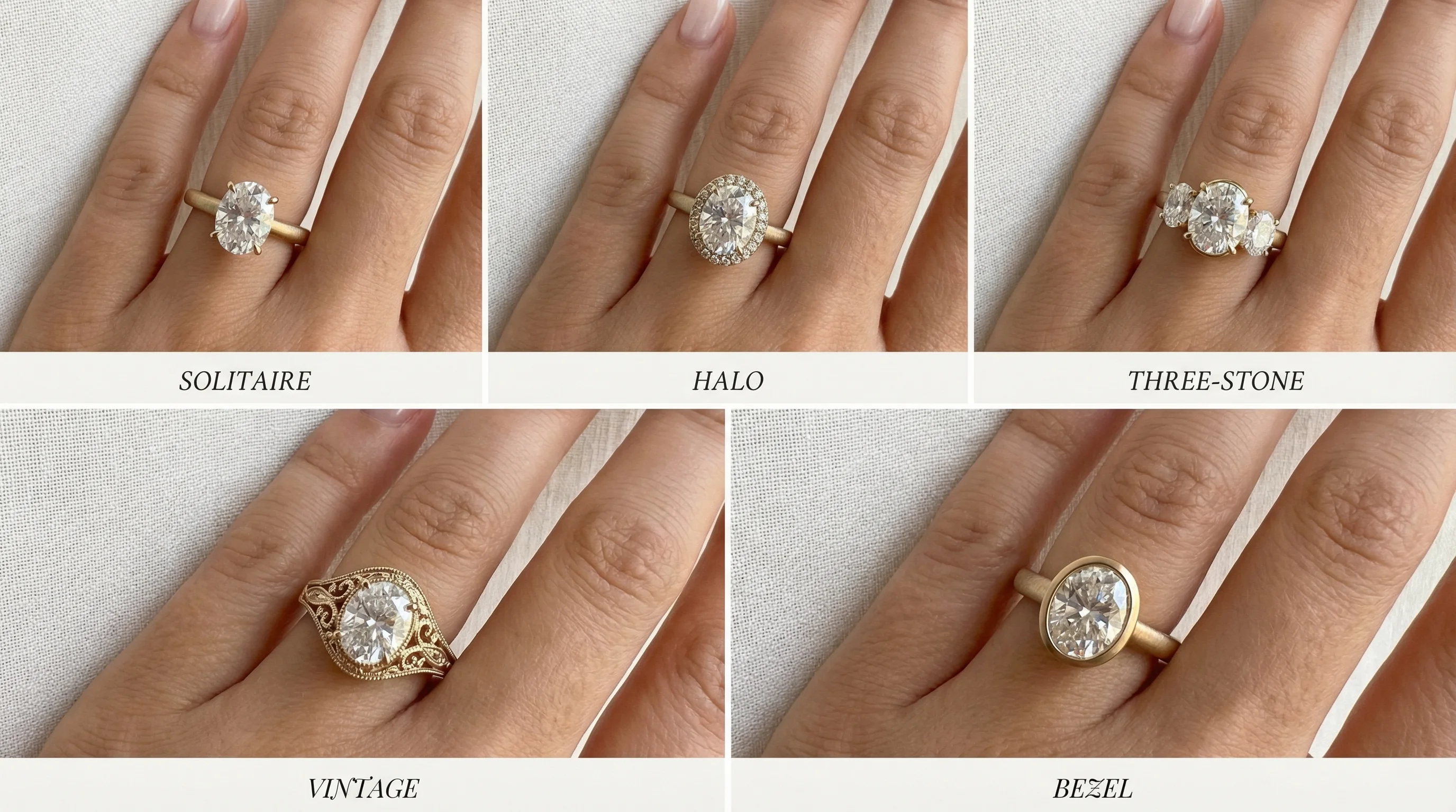 Grid showing five different oval moissanite ring settings: solitaire, halo, three-stone, vintage, and bezel
