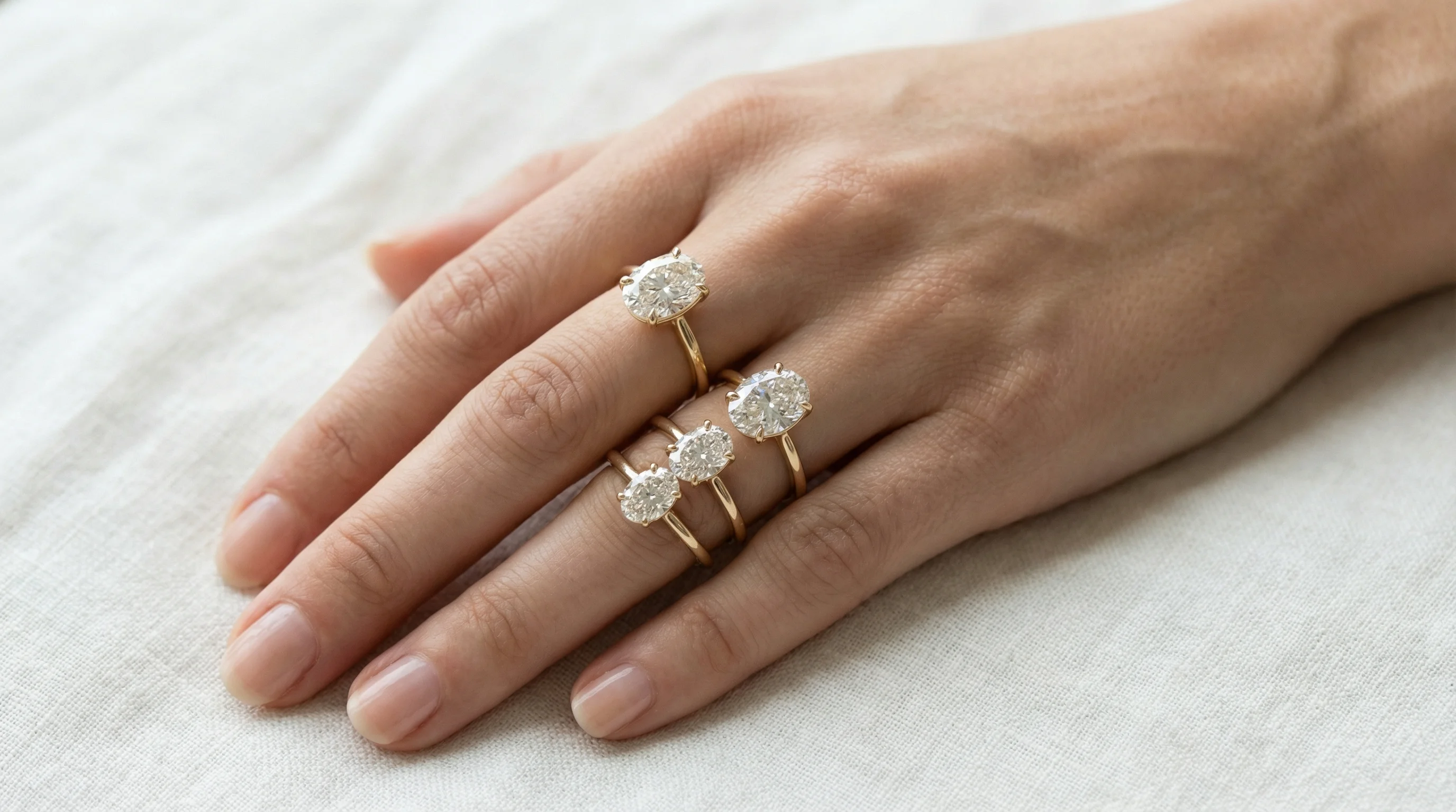 Professional size comparison showing 1ct, 2ct, 3ct, and 4ct oval rings on a size 6 finger