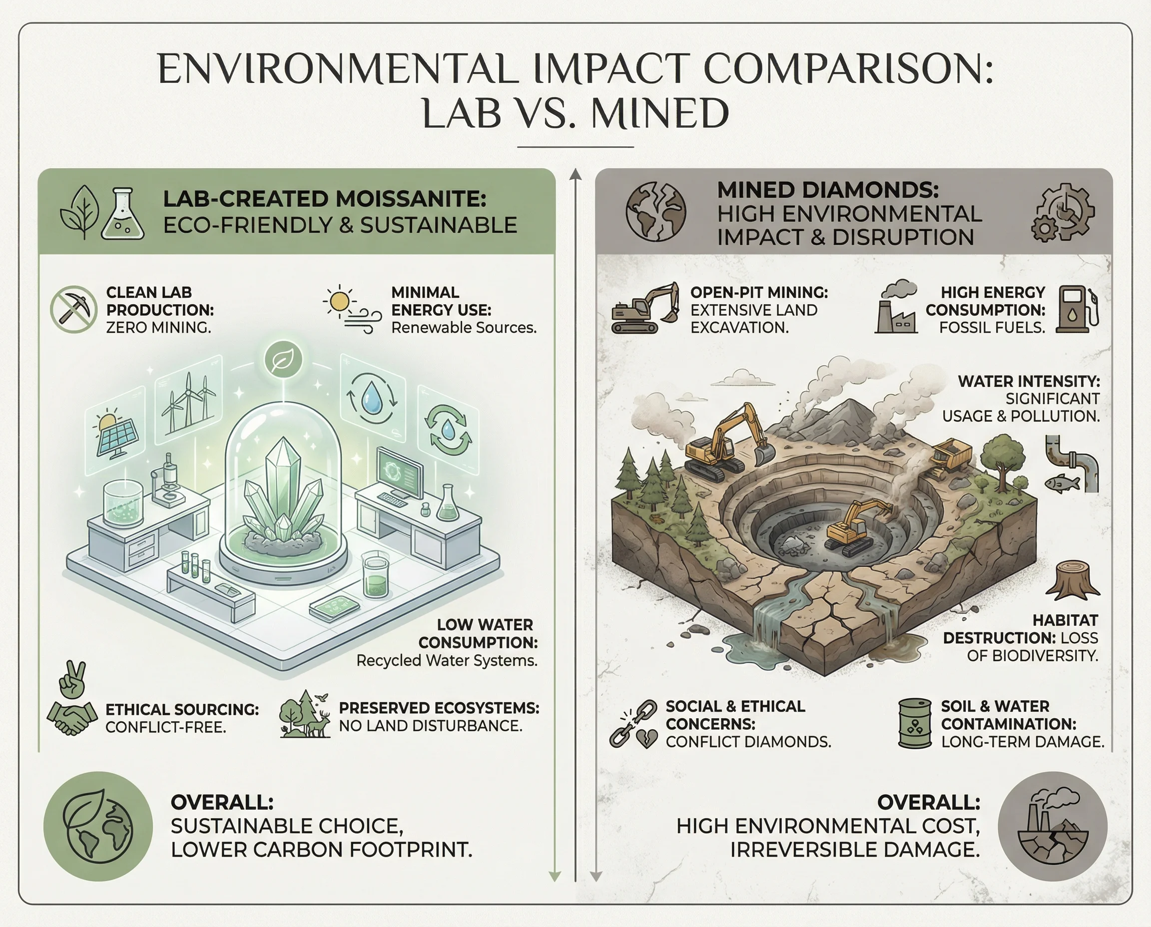 Infographic comparing environmental impact of lab-created moissanite vs mined diamonds